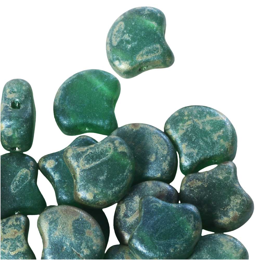 Czech Glass, 2-Hole Ginko Beads 7.5mm, Matte Emerald Rembrandt (10 Grams)