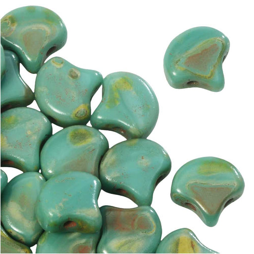 Czech Glass, 2-Hole Ginko Beads 7.5mm, Green Turquoise Dark Travertine (10 Grams)