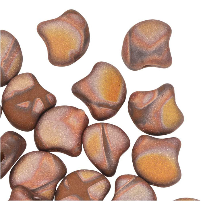 Czech Glass, 2-Hole Ginko Beads 7.5mm, Opaque Chocolate Full Capri Gold Matte Batik (10 Grams)