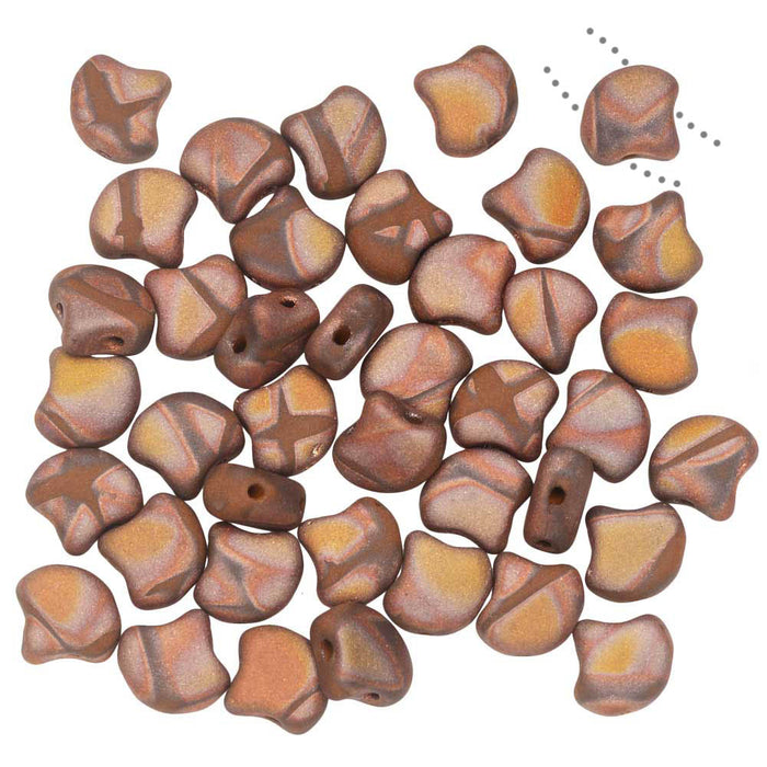 Czech Glass, 2-Hole Ginko Beads 7.5mm, Opaque Chocolate Full Capri Gold Matte Batik (10 Grams)