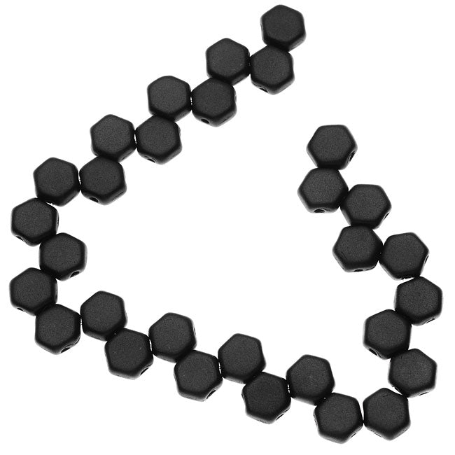 Czech Glass Honeycomb Beads, 2-Hole Hexagon 6mm, Jet Matte (1 Strand/30 Pieces)
