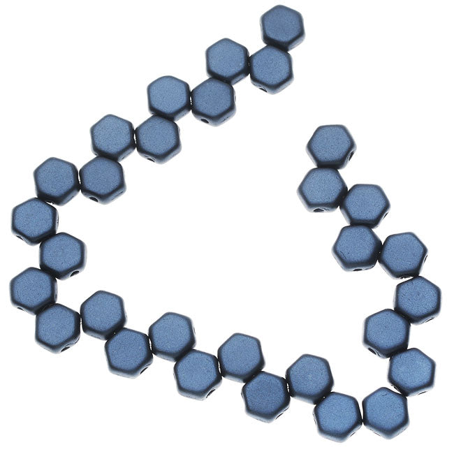Czech Glass Honeycomb Beads, 2-Hole Hexagon 6mm, Pastel Montana Blue (30 Pieces)