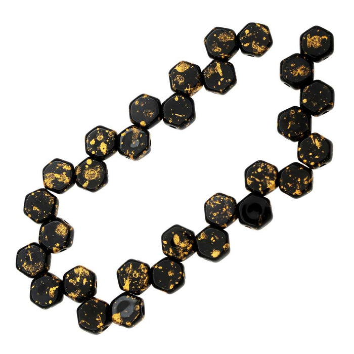Czech Glass Honeycomb Beads, 2-Hole Hexagon 6mm, Metallic Gold Splash on Jet (30 Pieces)