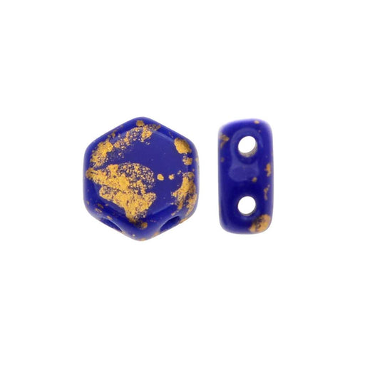 Czech Glass Honeycomb Beads, 2-Hole Hexagon 6mm, Metallic Gold Splash on Royal Blue (30 Pieces)