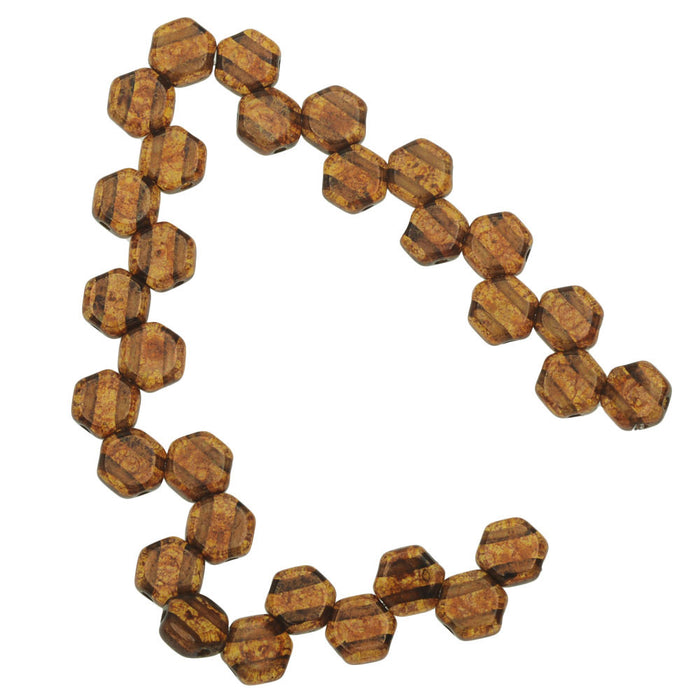 Czech Glass Honeycomb Beads, 2-Hole Hexagon 6mm, Topaz Bronze Picasso (30 Pieces)