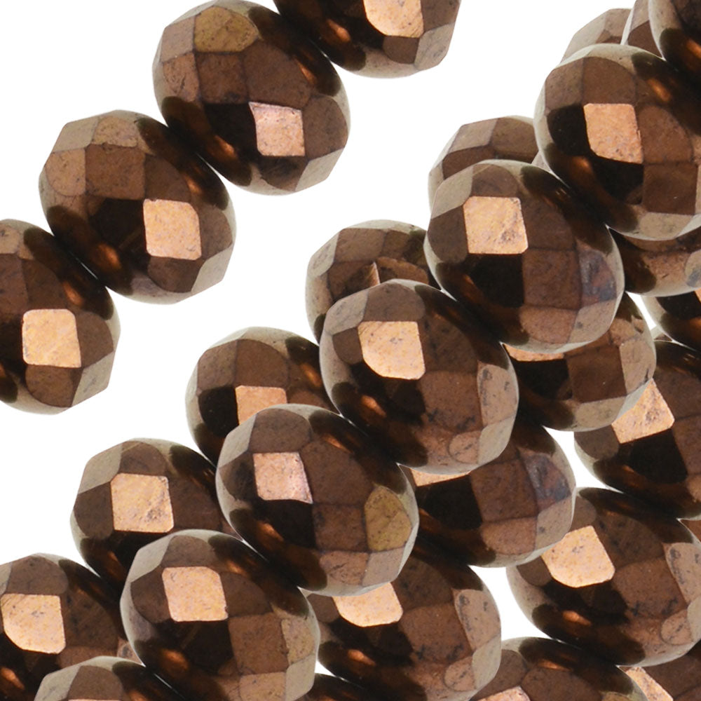 Czech Fire Polished Glass Beads, Donut Rondelle 8.5x6mm, Jet Dark Bronze (25 Pieces)