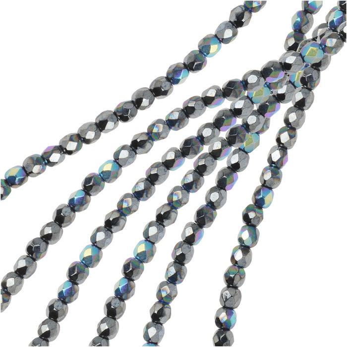 Czech Fire Polished Glass Beads, Round 3mm, Jet Hematite AB (50 Pieces)