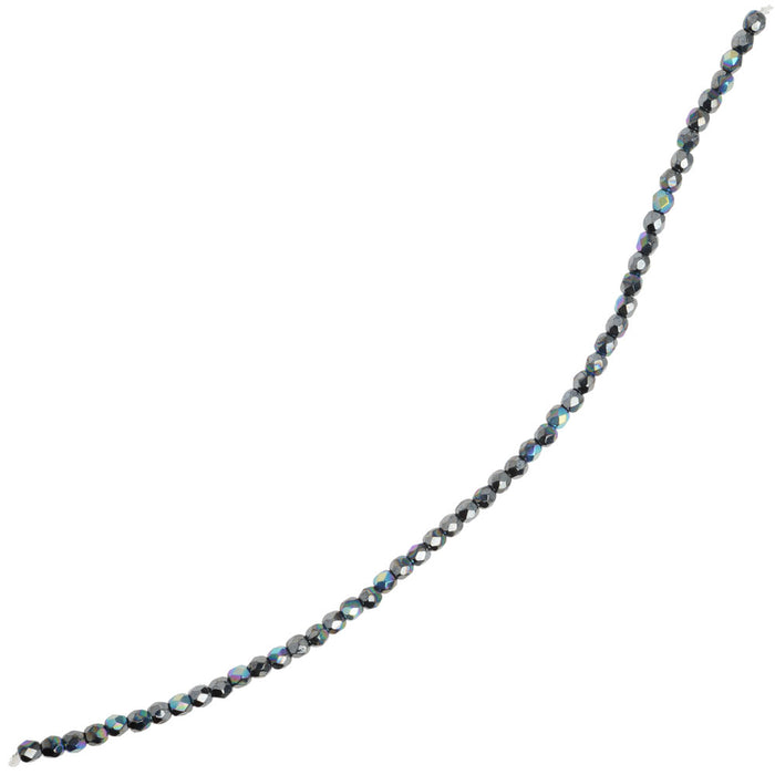 Czech Fire Polished Glass Beads, Round 3mm, Jet Hematite AB (50 Pieces)