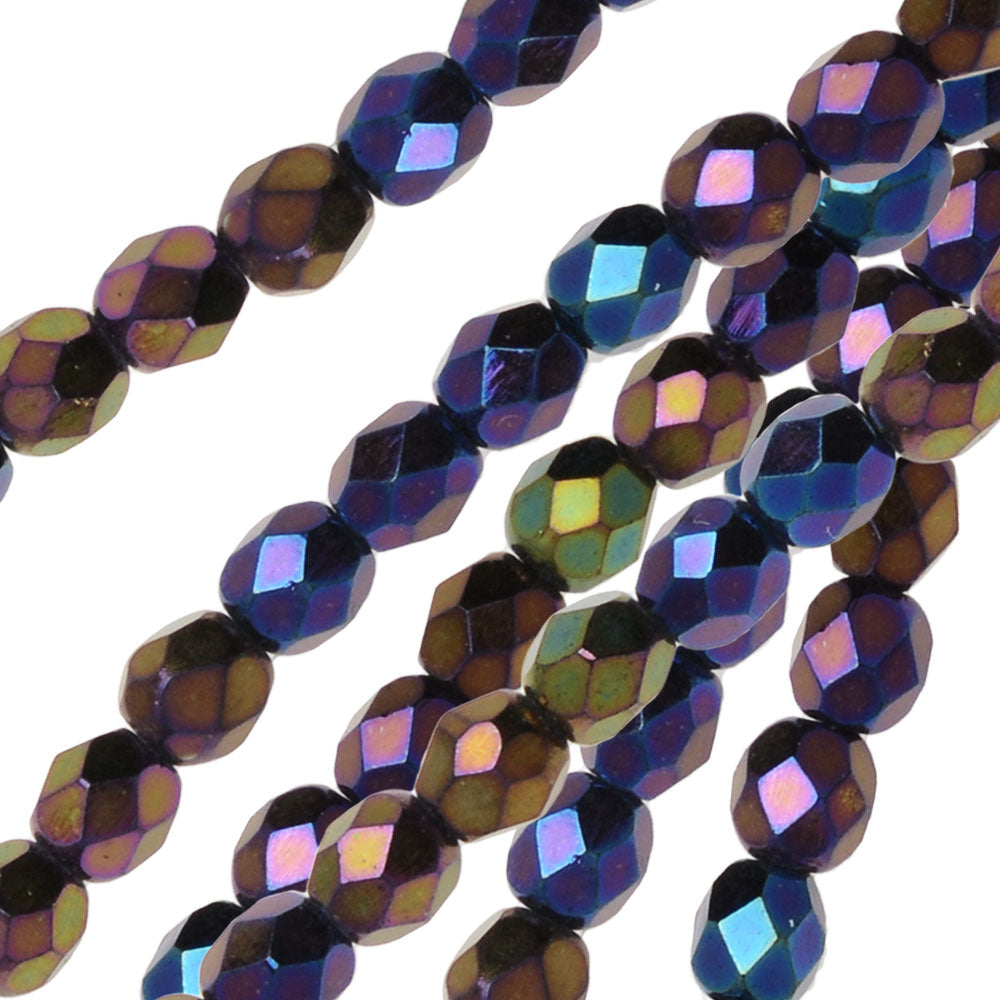Czech Fire Polished Glass Beads, Round 4mm, Jet Rainbow Iris (40 Pieces)