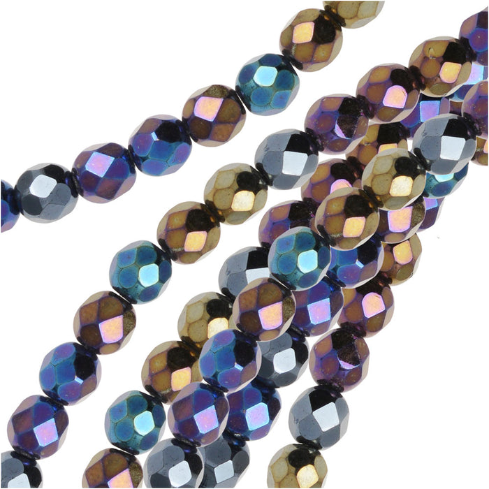 Czech Fire Polished Glass Beads, Round 6mm, Jet Rainbow Iris (25 Pieces)