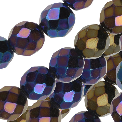 Czech Fire Polished Glass Beads, Round 8mm, Jet Rainbow Iris (20 Pieces)