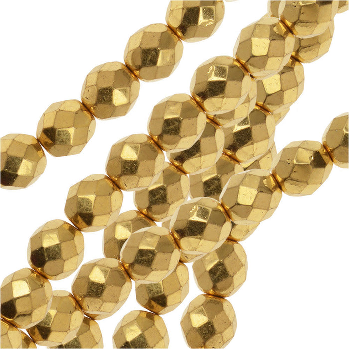 Czech Fire Polished Glass Beads, Round 8mm, Bright Gold (19 Pieces)