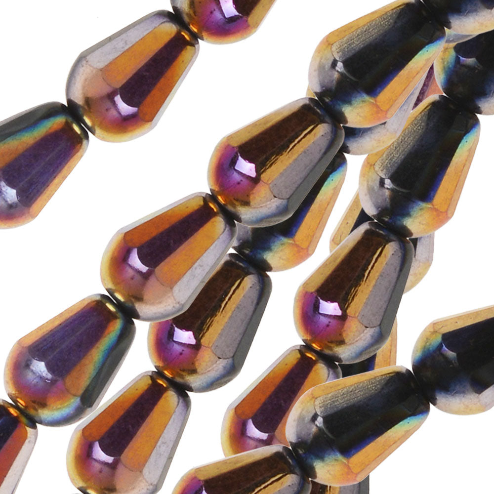 Czech Glass Beads, Teardrop 8x6mm, Jet Sliperit Full-Coat (20 Pieces)