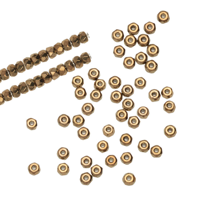 Czech Glass Beads, Faceted Micro Spacer 2x3mm, Light Metallic Bronze (100 Pieces)