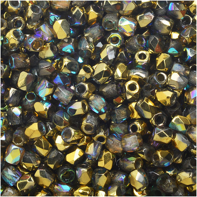 True2 Czech Fire Polished Glass, Faceted Round Beads 2mm, Crystal Gold Rainbow Half-Coat (50 Pieces)