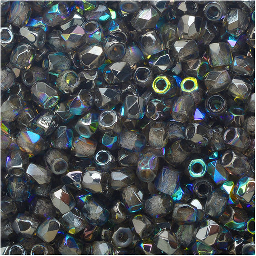 True2 Czech Fire Polished Glass, Faceted Round Beads 2mm, Crystal Graphite Rainbow (50 Pieces)
