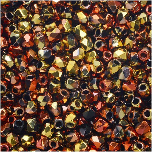 True2 Czech Fire Polished Glass, Faceted Round Beads 2mm, Jet California Gold Rush (50 Pieces)