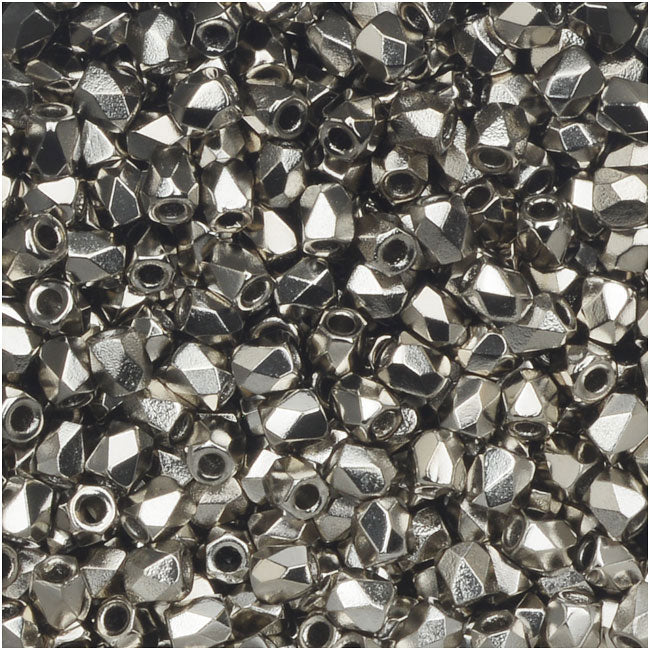 True2 Czech Fire Polished Glass, Faceted Round Beads 2mm, Nickel Plated (50 Pieces)