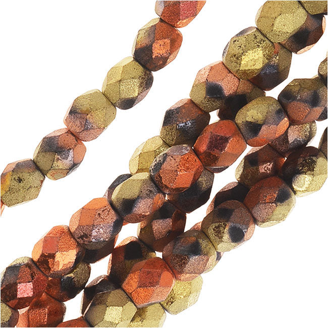 Czech Fire Polished Beads, Faceted Round 4mm, Matte California Gold Rush, Gold/Copper (40 Pieces)