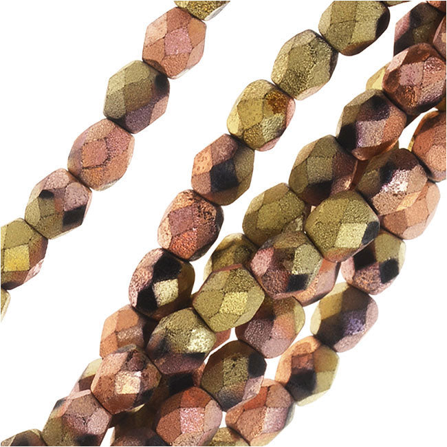 Czech Fire Polished Beads, Faceted Round 4mm, 40 Pieces, Matte California Metallic Pink and Gold