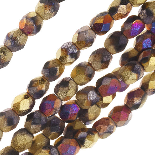 Czech Fire Polished Beads, Faceted Round 4mm, Matte California Metallic Violet and Gold (40 Pieces)