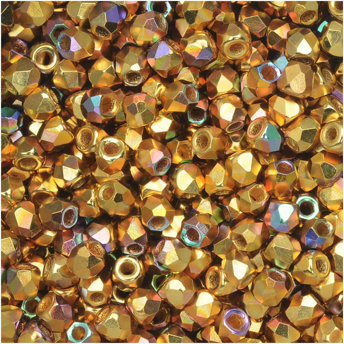 True2 Czech Fire Polished Glass, Faceted Round Beads 2mm, 24K Gold Plated AB (50 Pieces)