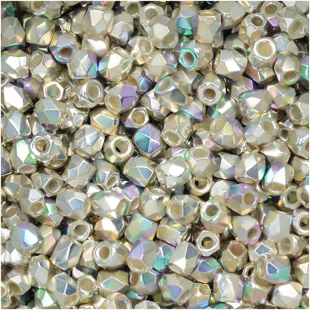 True2 Czech Fire Polished Glass, Faceted Round Beads 2mm, Fine Silver Plated AB (50 Pieces)