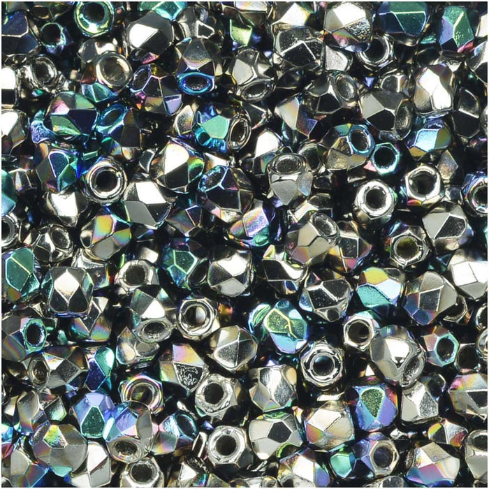 True2 Czech Fire Polished Glass, Faceted Round 2mm, Crystal Nickel Plated AB (50 Pieces)