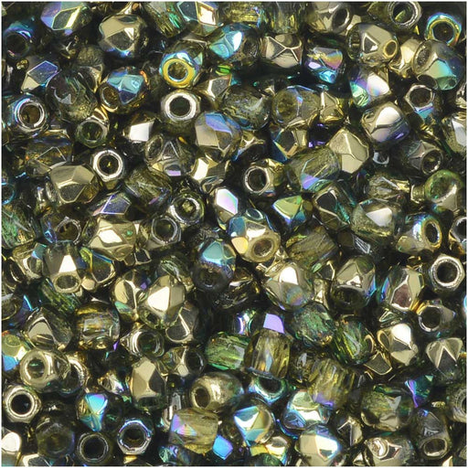 True2 Czech Fire Polished Glass, Faceted Round Beads 2mm, Olive Gold Rainbow (50 Pieces)