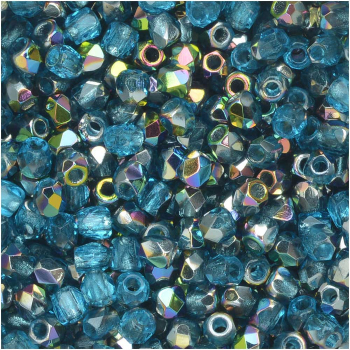 True2 Czech Fire Polished Glass, Faceted Round Beads 2mm, Aqua Vitrail (50 Pieces)