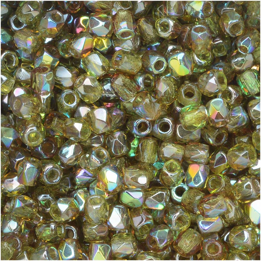 True2 Czech Fire Polished Glass, Faceted Round Beads 2mm, Olive Brown Rainbow (50 Pieces)