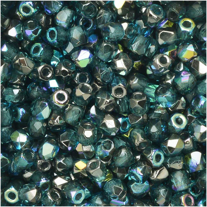 True2 Czech Fire Polished Glass, Faceted Round 2mm, Aqua Graphite Rainbow (50 Pieces)