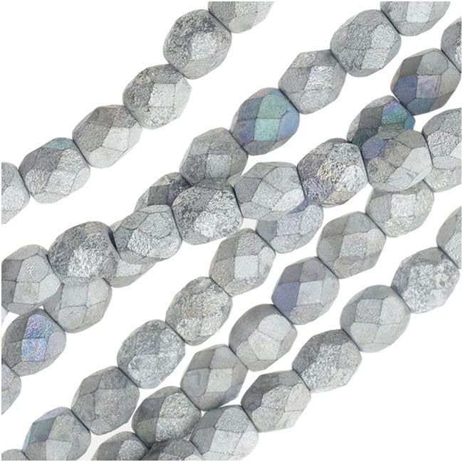 Czech Fire Polished Beads, Faceted Round 4mm, Satin Matte Silver (40 Pieces)
