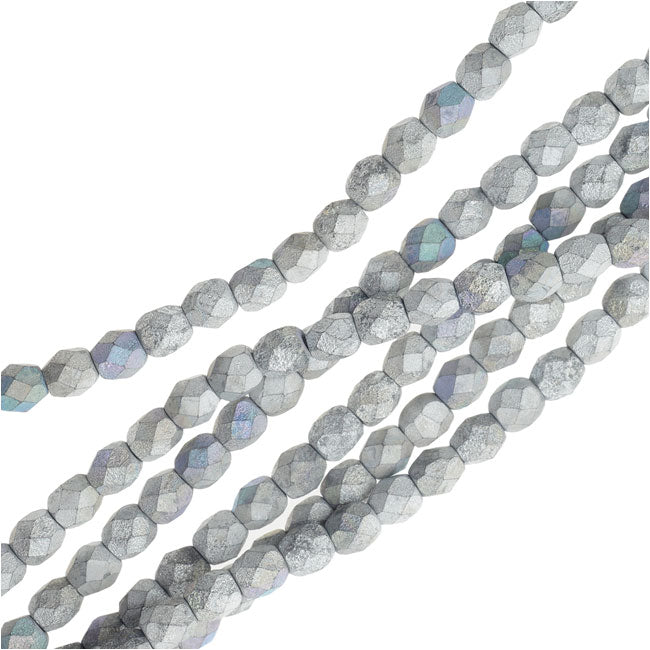 Czech Fire Polished Beads, Faceted Round 4mm, Satin Matte Silver (40 Pieces)