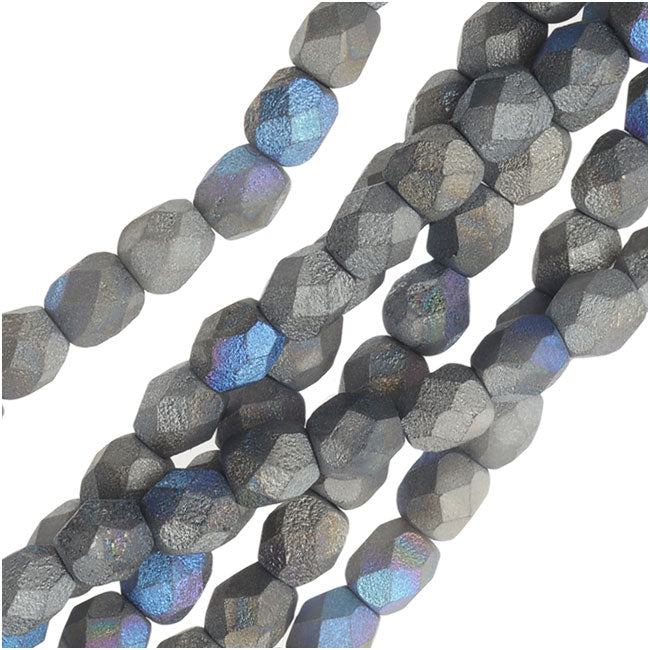 Czech Fire Polished Beads, Faceted Round 4mm, Satin Matte Graphite (40 Pieces)