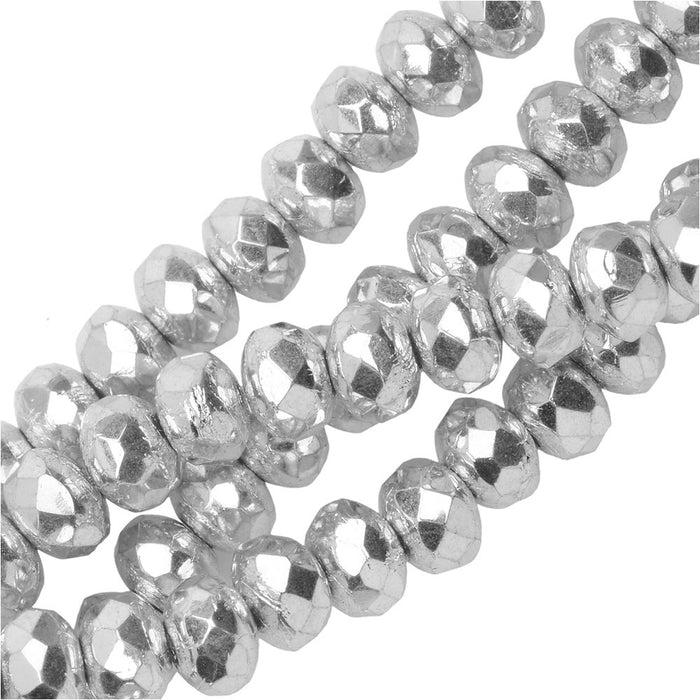 Czech Fire Polished Glass, Donut Rondelle Beads 5x3.5mm, Crystal Labrador Full-Coat Silver (50 Pieces)
