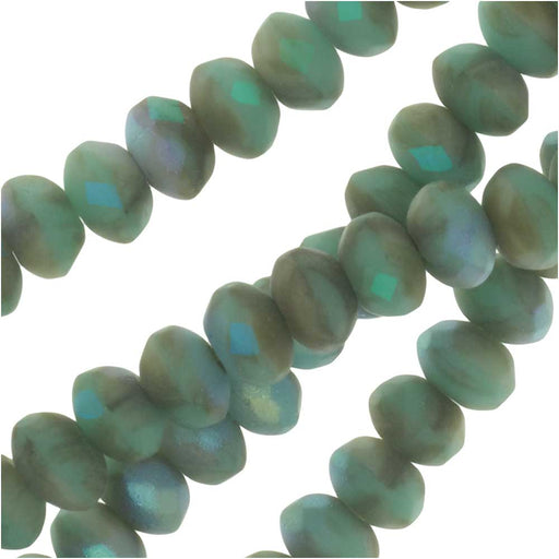 Czech Fire Polished Glass, Donut Rondelle Beads 5x3.5mm, Green Turquoise / Matte Beige AB (50 Pieces)