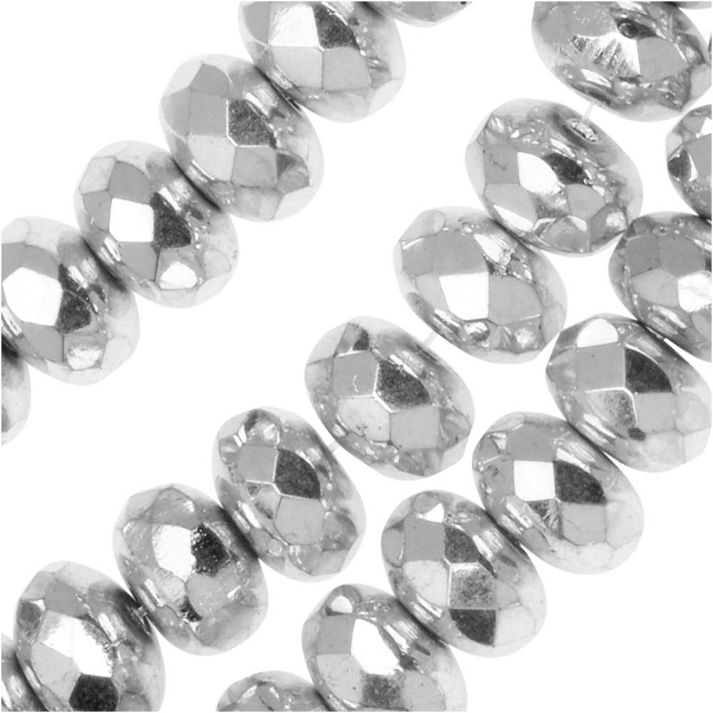 Czech Fire Polished Glass, Donut Rondelle Beads 7x4mm, Crystal Labrador Full-Coat Silver (40 Pieces)