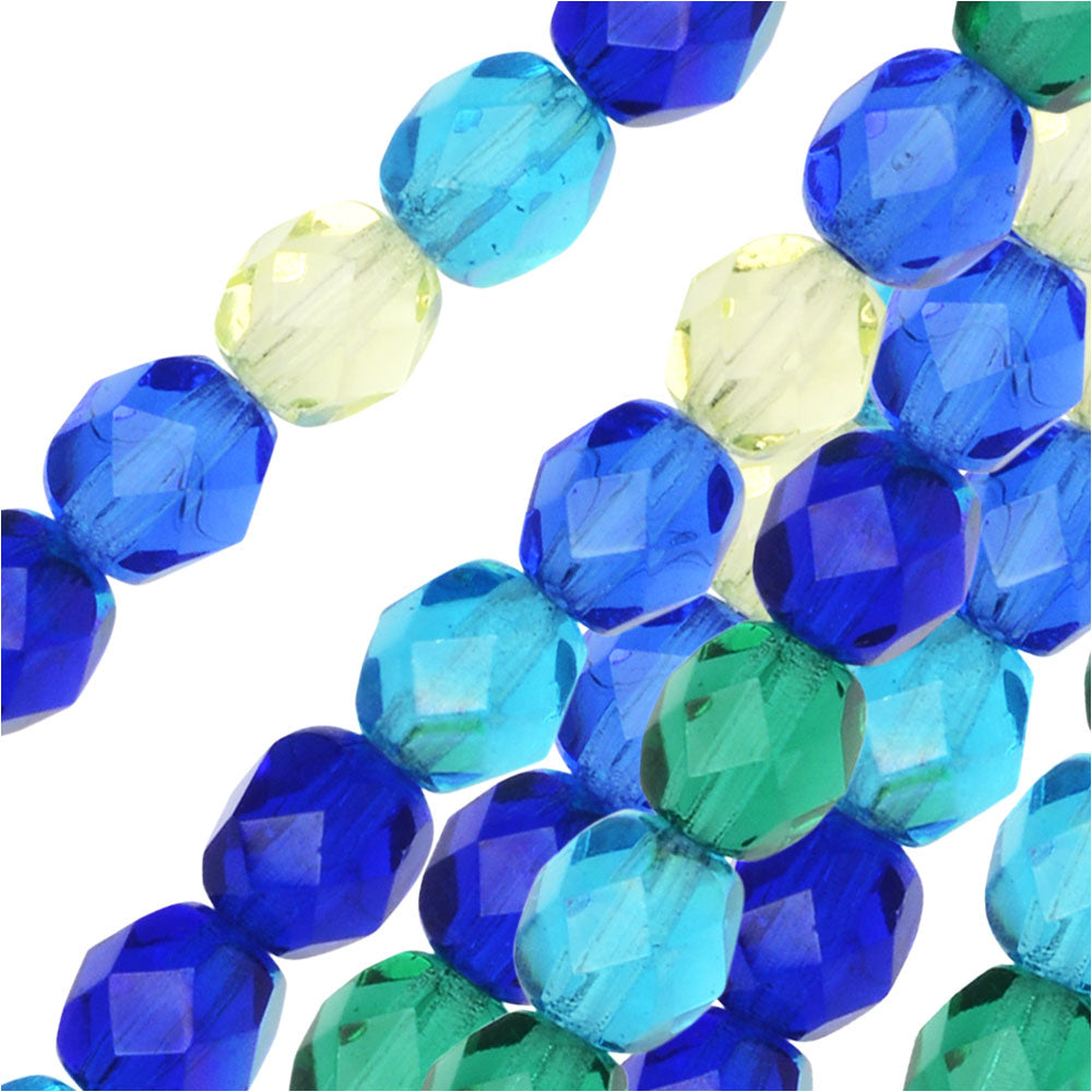 Czech Fire Polished Glass Beads, Faceted Round 6mm, Lagoon Mix (25