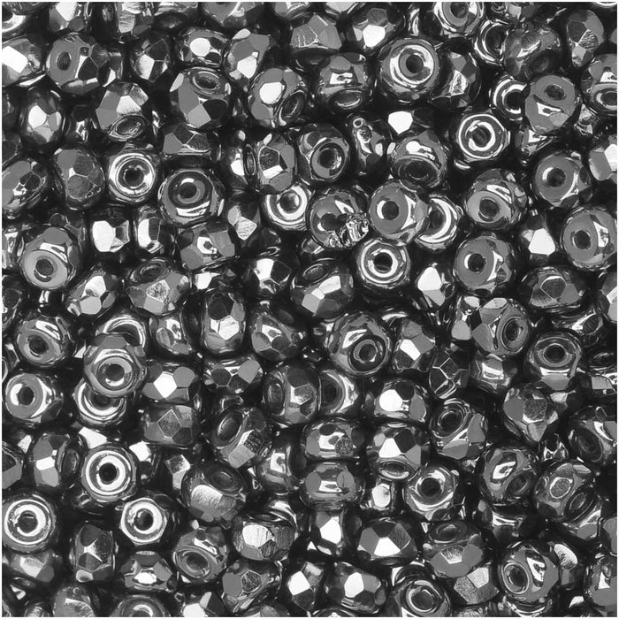 True2 Czech Fire Polished Glass, Faceted Micro Spacer Beads 2x3mm, Crystal Chrome Silver (100 Pieces)