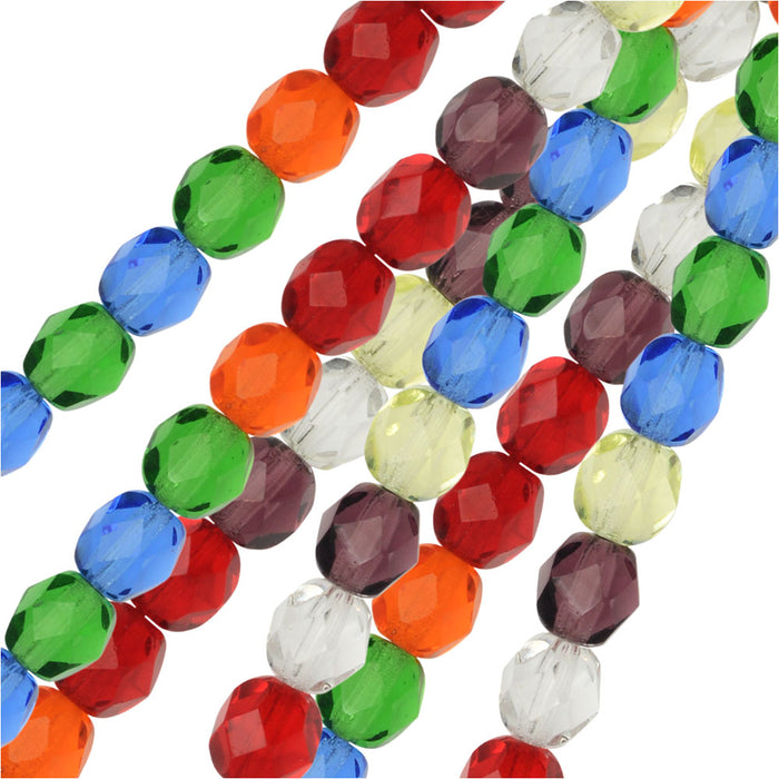 Czech Fire Polished Glass Beads, Faceted Round 6mm, Rainbow Mix (25 Pieces)