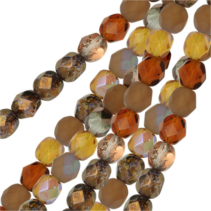 Czech Fire Polished Glass Beads, Faceted Round 6mm, Wheatberry Mix (25 Pieces)