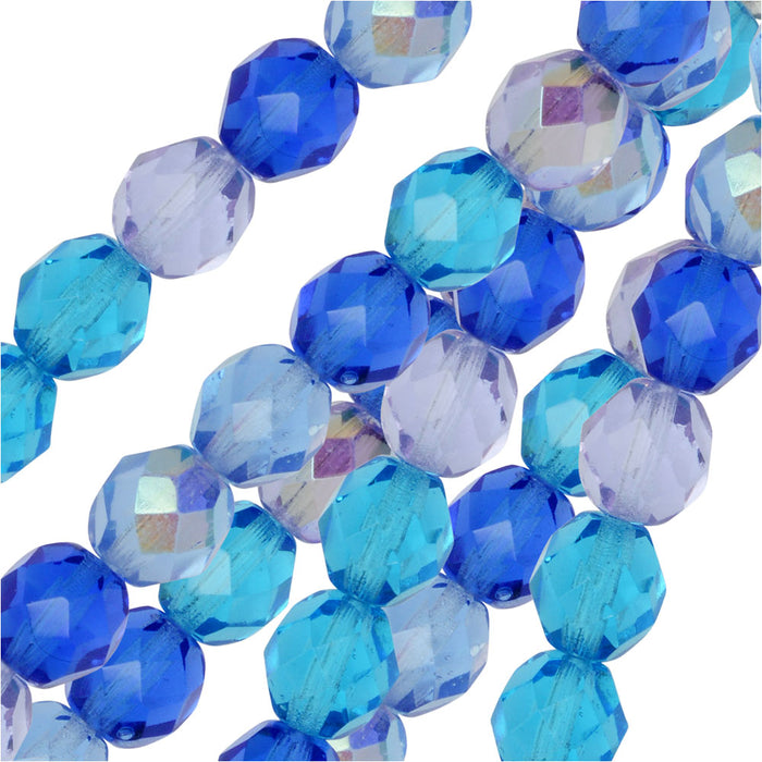Czech Fire Polished Glass Beads, Faceted Round 8mm, Carribean Blue Mix (19 Pieces)