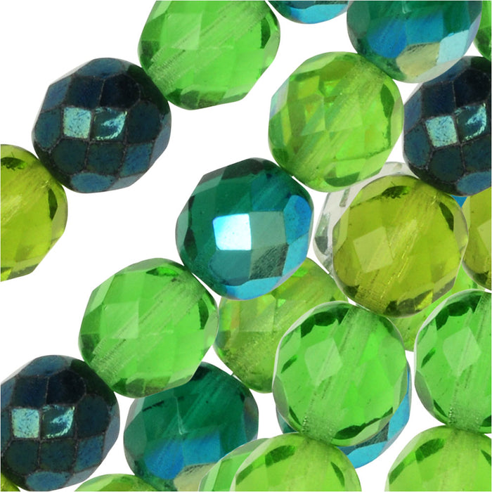 Czech Fire Polished Glass Beads, Faceted Round 8mm, Evergreen Mix (19 Pieces)