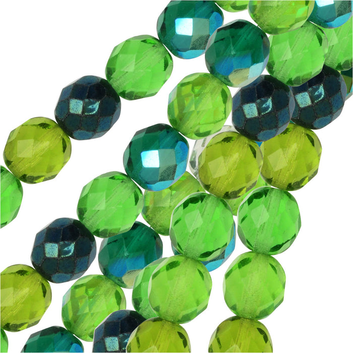 Czech Fire Polished Glass Beads, Faceted Round 8mm, Evergreen Mix (19 Pieces)