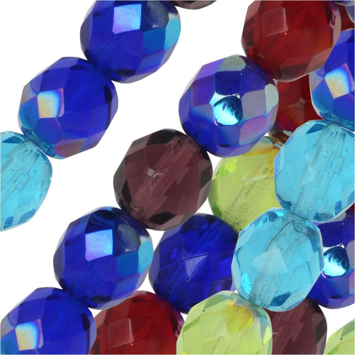 Czech Fire Polished Glass Beads, Faceted Round 8mm, Gemtones Mix (19 Pieces)