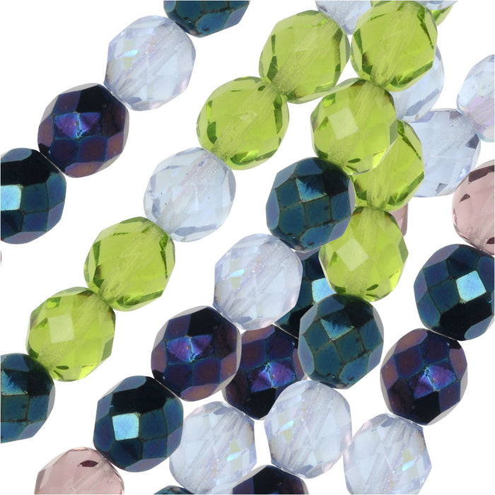 Czech Fire Polished Glass Beads, Faceted Round 8mm, Lavender Garden Mix (19 Pieces)