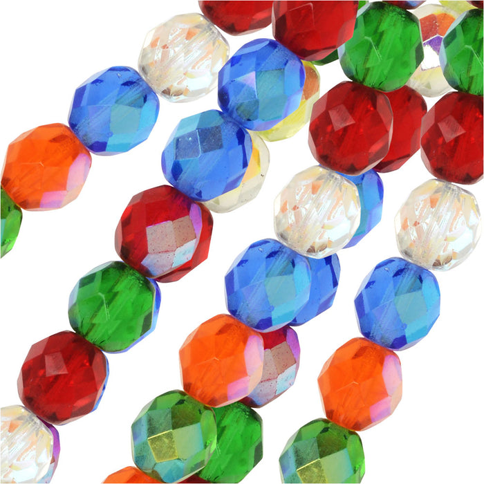 Czech Fire Polished Glass Beads, Faceted Round 8mm, Rainbow AB Mix (19 Pieces)