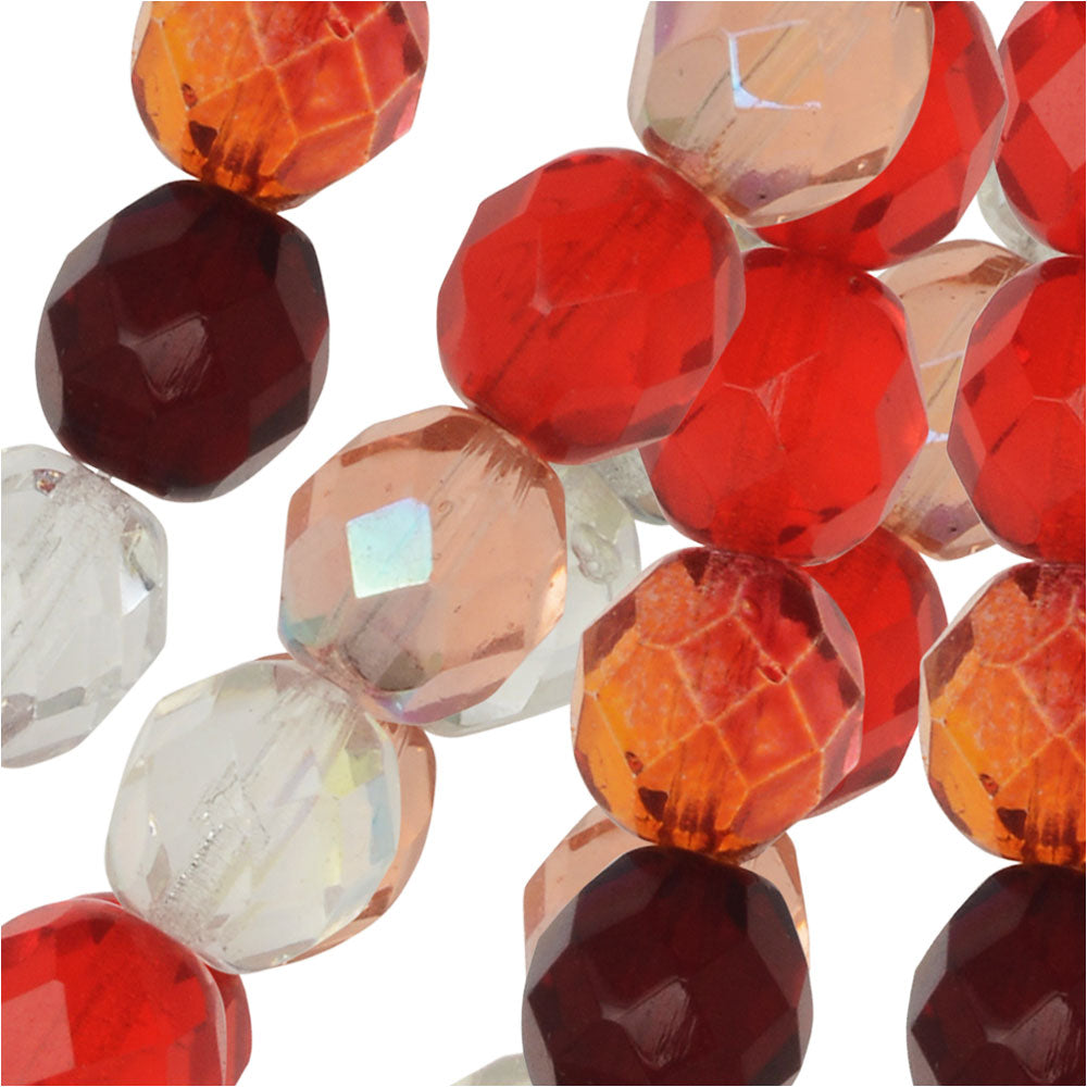 Czech Fire Polished Glass Beads, Faceted Round 8mm, Strawberry Fields Mix (19 Pieces)