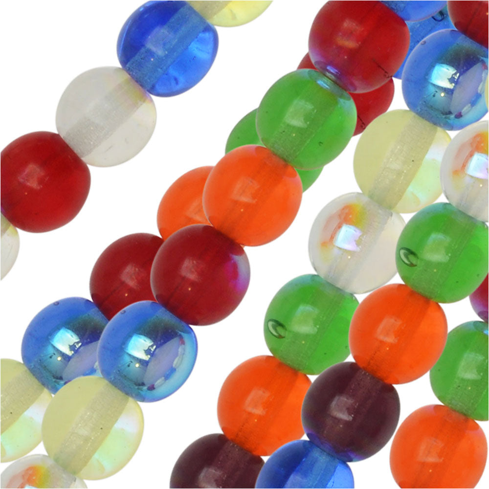 Czech Glass Druk Beads, Round 6mm, Rainbow AB Mix (50 Pieces)